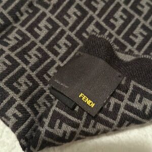 Authentic Fendi FF Monogram Wool Scarf Brown Black Fringe Made in Italy